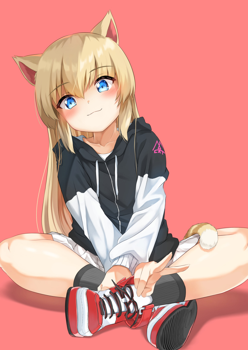 animal_ears black_jacket blonde_hair blue_eyes blush cat_ears cat_girl cat_tail closed_mouth collarbone commentary_request female grey_socks hair_between_eyes highres hiyori-chan hood hood_down hooded_jacket jacket leaning_to_the_side long_hair long_sleeves looking_at_viewer original pink_background pleated_skirt red_footwear ribbed_legwear shirt shoes skirt smile sneakers socks solo sora_(silent_square) tail v very_long_hair white_shirt white_skirt