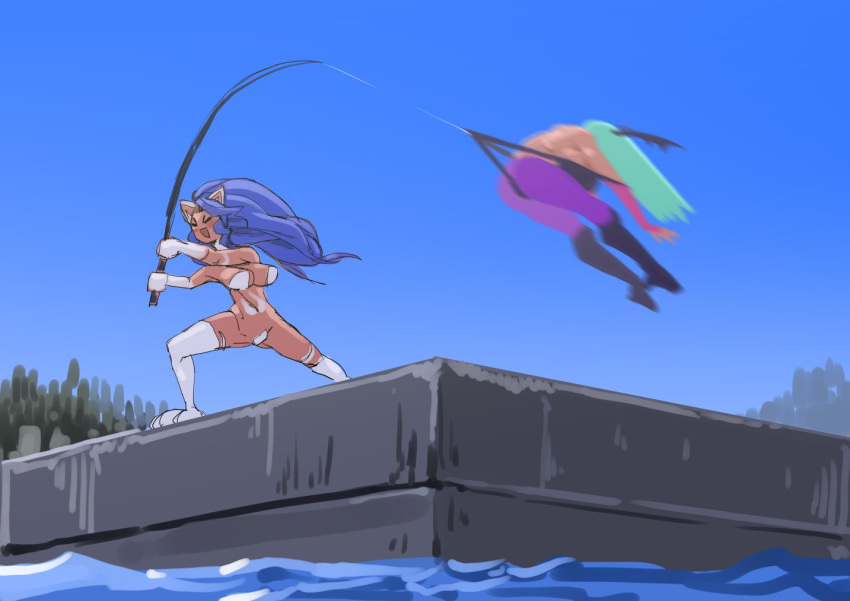 animal_ears animal_hands bare_shoulders bat_wings big_hair blue_hair cat_ears cat_tail claws demon_girl felicia_(vampire) fishing fishing_rod green_hair head_wings leotard long_hair morrigan_aensland multiple_girls open_mouth pantyhose pier sashizume_soutarou standing tail vampire_(game) wings