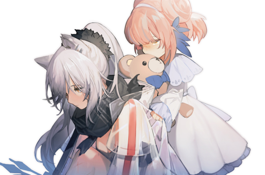 2girls aged_down animal_ear_fluff animal_ears arknights blush breasts brown_eyes ceylon_(arknights) cleavage closed_mouth commentary covered_mouth double_bun dress eyebrows_hidden_by_hair grey_hair hair_bun hair_ornament hairband hairclip highres hugging_object jacket long_sleeves medium_breasts multiple_girls nahonanaho open_clothes open_jacket pink_hair ponytail schwarz_(arknights) see-through sleeves_past_wrists stuffed_animal stuffed_toy teddy_bear white_background white_dress white_hairband white_jacket