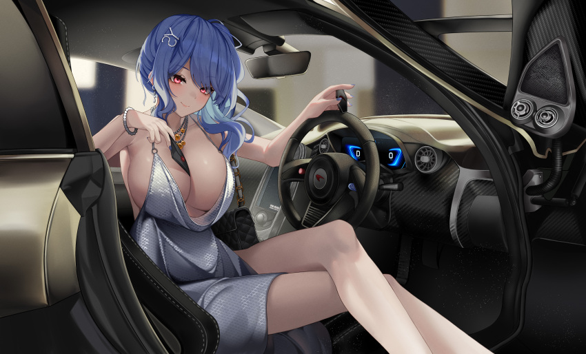 absurdres azur_lane backless_dress backless_outfit bare_shoulders blue_hair breasts car car_interior dress female highres huge_breasts legs mclaren mclaren_p1 motor_vehicle official_alternate_costume revealing_clothes shitsurakuen_(paradise_lost) silver_dress sitting smile st._louis_(azur_lane) st._louis_(luxurious_wheels)_(azur_lane) steering_wheel