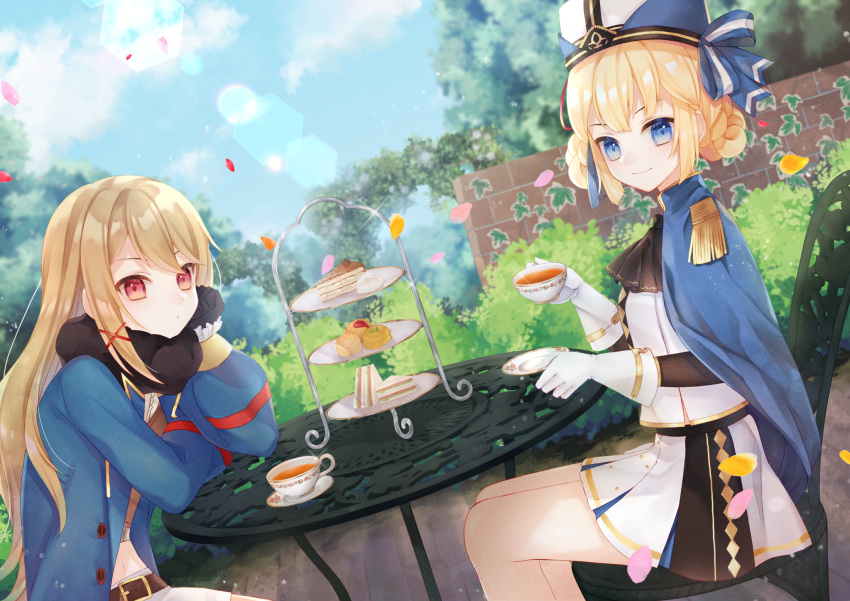 2girls arch arm_rest ascot azur_lane belt black_ascot black_gloves black_scarf blonde_hair blue_cape blue_coat blue_eyes blue_headwear blue_sky braid brick_wall brown_belt bush cake cake_slice cape chair cloud coat commentary_request crossed_bangs cup day double_bun dutch_angle epaulettes food garden glint gloves hair_between_eyes hair_bun hair_ornament hardy_(azur_lane) hat head_rest highres holding holding_cup hunter_(azur_lane) lens_flare light_brown_hair long_hair long_sleeves looking_at_viewer midriff military_hat multiple_girls navel no_headwear ougi_(u_to4410) outdoors petals plant plate red_eyes ribbon sandwich scarf scone shirt short_shorts shorts sidelocks sitting skirt sky smile table tea teacup tiered_tray tiramisu trench_coat white_gloves white_shirt white_shorts white_skirt x_hair_ornament