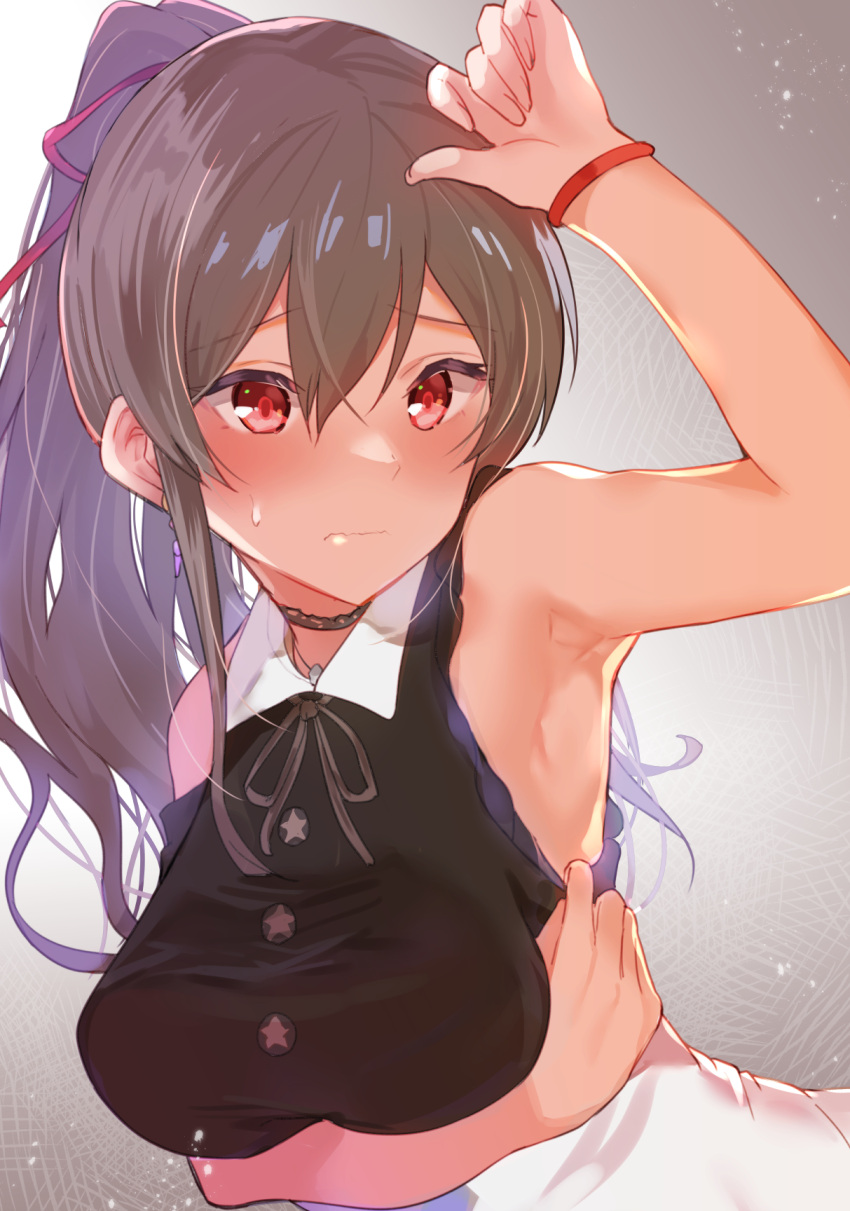 arito_arayuru arm_up armpits blush brown_hair choker female furen_e_lustario furen_e_lustario_(2nd_costume) highres long_hair nijisanji ponytail presenting_armpit red_eyes sleeve_pull sleeveless solo sweatdrop virtual_youtuber