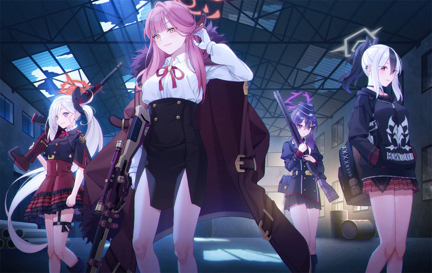 4girls aru_(blue_archive) backpack bag barrel black_hair blue_archive dress fp6 fur_trim gloves gun h&k_mg5 h&k_p30 h&k_psg1 hair_ornament halo hand_up handgun hands_in_pocket haruka_(blue_archive) hat holding holding_gun holding_weapon hood hoodie indoors industrial_pipe jacket jacket_on_shoulders jewelry kayoko_(blue_archive) long_hair machine_gun multicolored_hair multiple_girls mutsuki_(blue_archive) necklace over_shoulder pink_hair ponytail problem_solver_68_(blue_archive) purple_eyes purple_hair red_dress rifle shotgun sniper_rifle standing streaked_hair thigh_strap twintails two-tone_hair unjem very_long_hair warehouse weapon white_gloves white_hair yellow_eyes