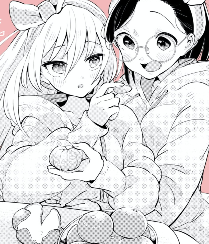 2girls :o blush bow chiyo_kozuka commentary_request feeding food fruit glasses greyscale_with_colored_background highres ichido_dake_demo_koukai_shitemasu kotatsu miyahara_miyako monochrome multiple_girls open_mouth orange_(fruit) pink_background ritsuka_hara table