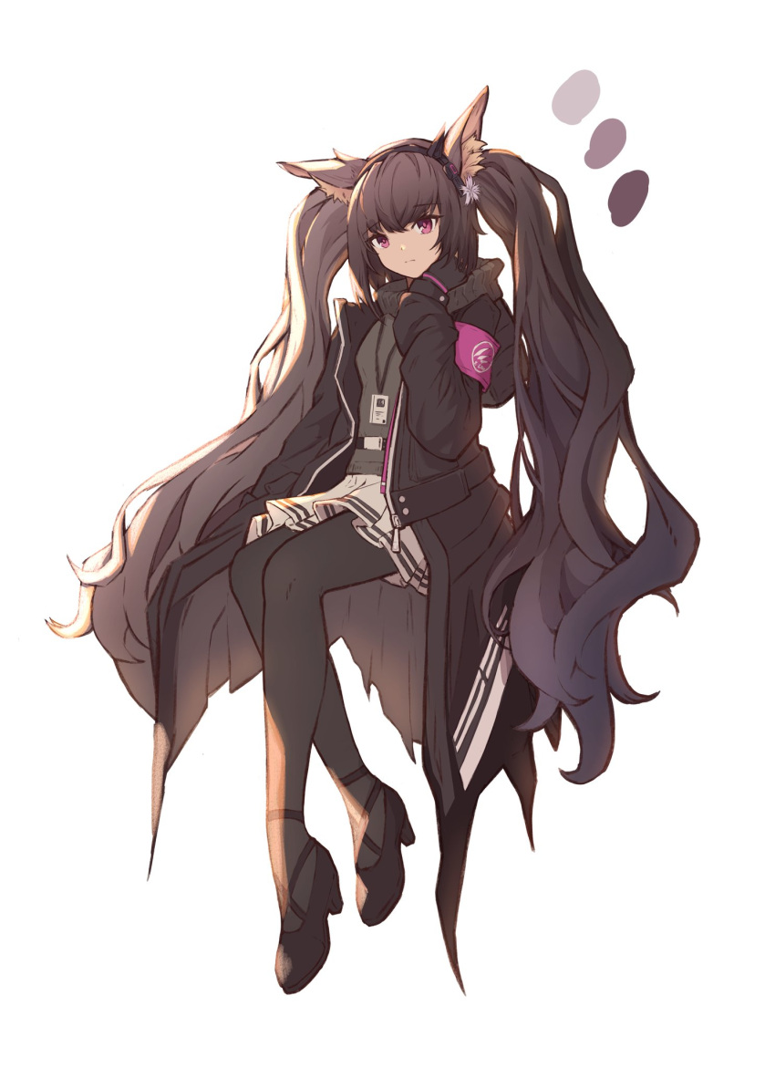 animal_ear_fluff animal_ears arknights armband bad_id bad_twitter_id black_footwear black_hair black_jacket black_pantyhose chinese_commentary closed_mouth color_guide commentary female full_body fur-trimmed_jacket fur_trim grey_sweater hair_between_eyes hand_up high_heels highres jacket long_hair long_sleeves looking_at_viewer monch_(arknights) open_clothes open_jacket pantyhose pleated_skirt purple_eyes shoes simple_background skirt sleeves_past_wrists solo sweater turtleneck turtleneck_sweater twintails very_long_hair white_background white_skirt xx_3752