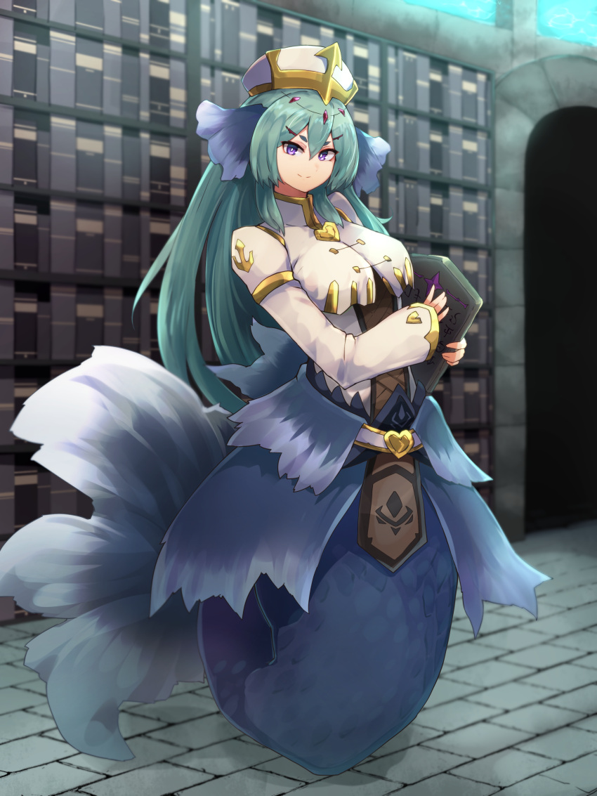 absurdres commentary female fins full_body green_hair hair_between_eyes hat head_fins highres kneeless_mermaid library long_hair long_sleeves looking_at_viewer mermaid monster_girl monster_girl_encyclopedia purple_eyes sea_bishop smile solo stone_tablet very_long_hair yonaga_san