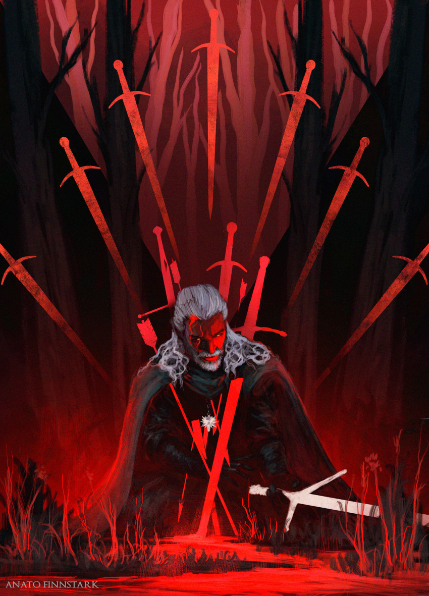 1boy anato_finnstark arrow_(projectile) beard cape facial_hair geralt_of_rivia gloves grass grey_hair highres holding holding_sword holding_weapon impaled male_focus medallion red_theme solo sword the_witcher_(series) weapon white_hair witcher_medallion yellow_eyes