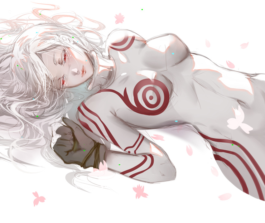 absurdres albino bodysuit breasts closed_mouth colored_eyelashes commentary deadman_wonderland donatsu_(donut007008) female gloves highres lips long_hair medium_breasts mittens navel red_eyes shiro_(deadman_wonderland) simple_background skin_tight smile solo very_long_hair white_background white_hair