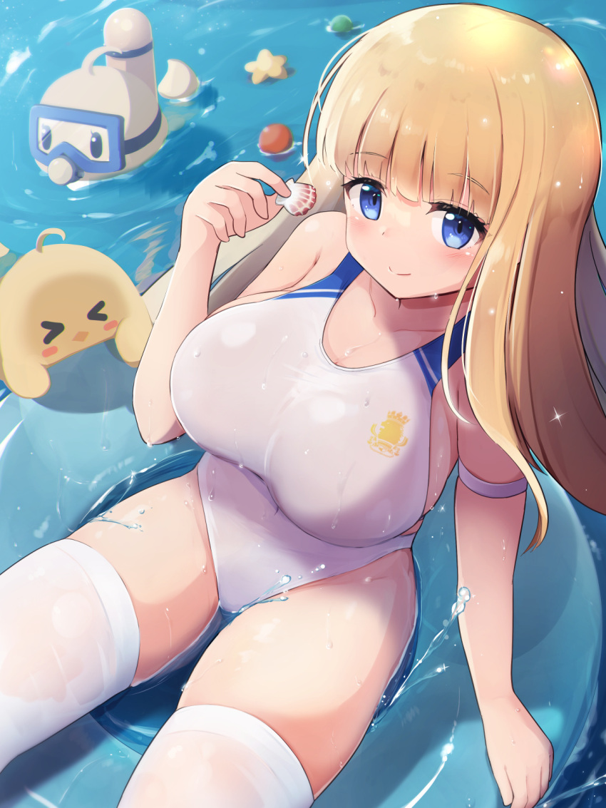 arm_strap azur_lane blonde_hair blue_eyes blush breasts cleavage closed_mouth collarbone commentary covered_navel day female from_above highres icarus_(azur_lane) icarus_(nereid's_discovery)_(azur_lane) innertube large_breasts long_hair looking_at_viewer manjuu_(azur_lane) nekonetoru_take official_alternate_costume one-piece_swimsuit outdoors seashell shell smile solo sunlight swim_ring swimsuit thighhighs water wet wet_clothes wet_swimsuit white_one-piece_swimsuit white_thighhighs