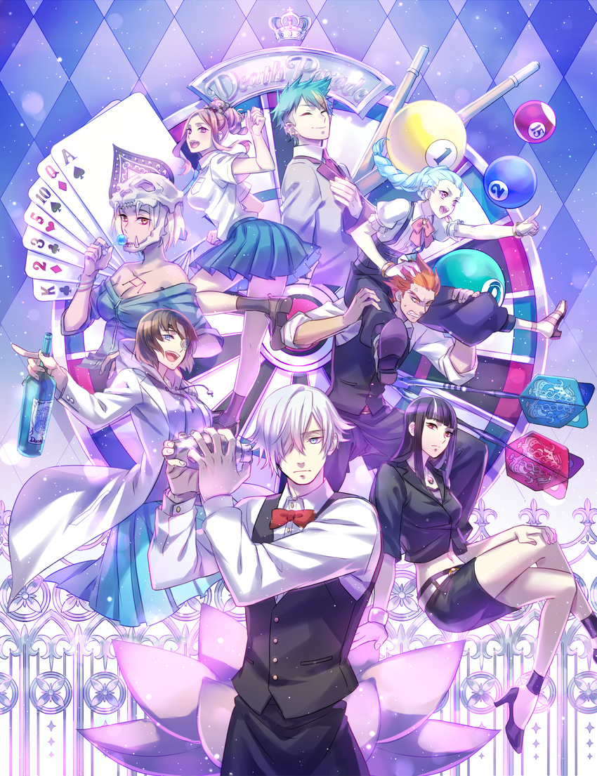 3boys 5girls :d ace_(playing_card) anger_vein arita_mayu ball bangle bare_shoulders bartender belt billiard_ball billiards black_hair blonde_hair blue_eyes blue_hair bottle bow bowtie bracelet braid breast_pocket brown_hair candy card carrying castra_(death_parade) clavis_(death_parade) closed_eyes club_(shape) cocktail_shaker collarbone commentary_request crop_top cropped_shirt crossed_legs crown cue_stick cuff_links dart dartboard death_parade decim_(death_parade) diamond_(shape) ear_piercing eyepatch fleur-de-lis flower food ginti green_hair hand_on_own_chest hand_on_own_knee heart high_heels highres hood hoodie jacket jewelry kurokami_no_onna lab_coat lollipop long_hair long_sleeves lotus midriff miniskirt multicolored_hair multiple_boys multiple_girls navel necklace necktie nona_(death_parade) open_mouth orange_eyes pendant piercing playing_card pleated_skirt pocket purple_eyes quin_(death_parade) red_eyes red_hair shirt_tucked_in short_hair shoulder_carry skirt skull sleeves_rolled_up smile spade_(shape) spiked_hair streaked_hair suit_jacket suzaku_(zaku6584) updo vest white_hair wine_bottle zipper