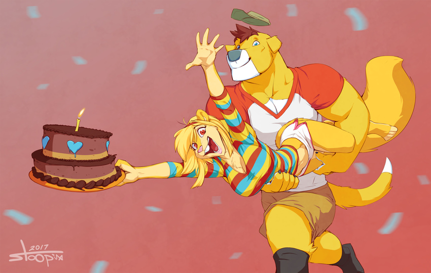 2017 anthro birthday blonde_hair blue_eyes bottomwear breasts brown_hair buckteeth cake candle canid canine canis carrying_another chest_tuft cleavage clothed clothing countershading dessert dipstick_tail domestic_dog duo female food fully_clothed fur hair happy hat headgear headwear hi_res male mammal markings maybell midriff multicolored_tail muscular muscular_male open_mouth pink_nose red_eyes rodent sciurid shirt shorts smile stoopix tail tail_markings teeth topwear tree_squirrel tuft yellow_body yellow_fur