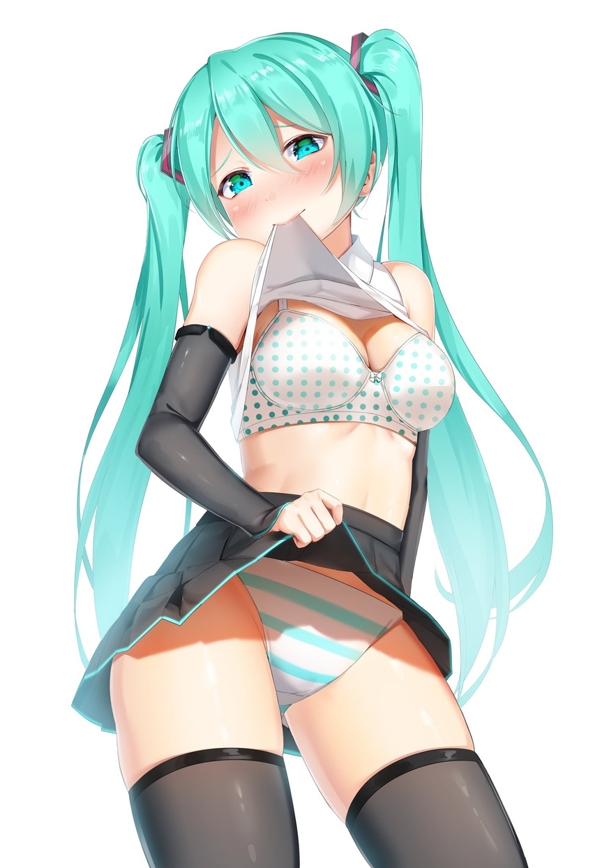 aqua_eyes aqua_hair ass_visible_through_thighs bad_id bad_pixiv_id bare_shoulders black_skirt bow bow_bra bra breasts cleavage clothes_lift detached_sleeves female green_eyes hachinatsu hair_ornament hatsune_miku head_tilt highres lifting_own_clothes long_hair long_sleeves looking_at_viewer medium_breasts midriff mismatched_underwear panties pleated_skirt polka_dot polka_dot_bra raised_eyebrows shiny_skin shirt shirt_lift simple_background skin_tight skirt skirt_lift sleeveless sleeveless_shirt solo standing striped_clothes striped_panties thighhighs thighs twintails underwear very_long_hair vocaloid white_background white_bra