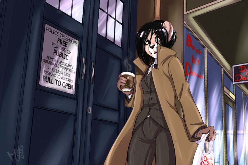 2016 anthro bag beverage british_broadcasting_corporation clothed clothing coffee cosplay doctor_who felid female fur hair holding_object kris_(excitedcargoyle) lion looking_at_viewer low-angle_view mammal mishabahl open_mouth pantherine solo standing tardis tenth_doctor the_doctor_(doctor_who)