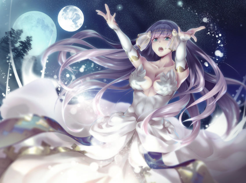 breasts bridal_gauntlets center_opening cleavage commentary_request dress female finis_(lost_song) green_eyes jewelry kokutou leaf long_hair lost_song medium_breasts moon night night_sky open_mouth photoshop_(medium) ring sky solo sparkle star_(sky) teeth tree very_long_hair white_hair