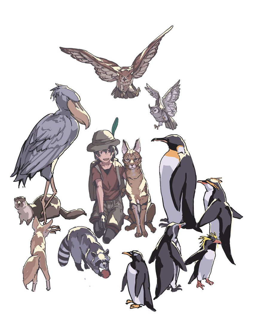 animal animalization backpack bag ball beaver bird commentary_request common_raccoon_(kemono_friends) emperor_penguin emperor_penguin_(kemono_friends) eurasian_eagle_owl eurasian_eagle_owl_(kemono_friends) feline female fennec_(kemono_friends) fennec_fox fox gentoo_penguin gentoo_penguin_(kemono_friends) gloves hat highres hirasawa_geko humboldt_penguin humboldt_penguin_(kemono_friends) kaban_(kemono_friends) kemono_friends northern_white-faced_owl northern_white-faced_owl_(kemono_friends) otter owl pantyhose penguin raccoon rockhopper_penguin rockhopper_penguin_(kemono_friends) royal_penguin royal_penguin_(kemono_friends) serval serval_(kemono_friends) shoebill shoebill_(kemono_friends) small-clawed_otter_(kemono_friends) smile