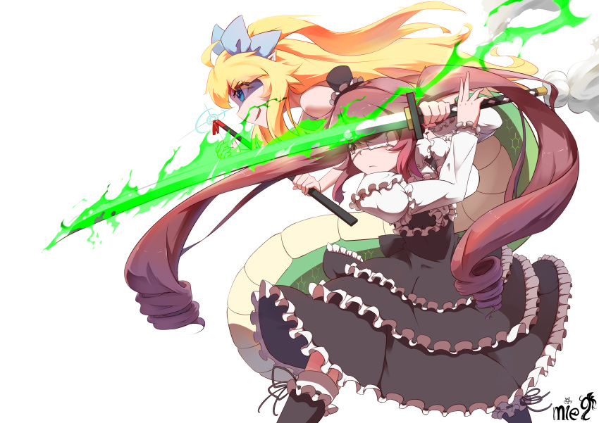 2girls absurdres ahoge bilibili-mei9 blonde_hair blue_eyes blue_ribbon commentary_request crowbar eyepatch frills gothic_lolita hair_ribbon hanazono_yurine hat highres jashin-chan jashin-chan_dropkick katana lamia lolita_fashion long_hair long_sleeves mini_hat monster_girl multiple_girls red_eyes red_hair ribbon sword tilted_headwear twintails weapon