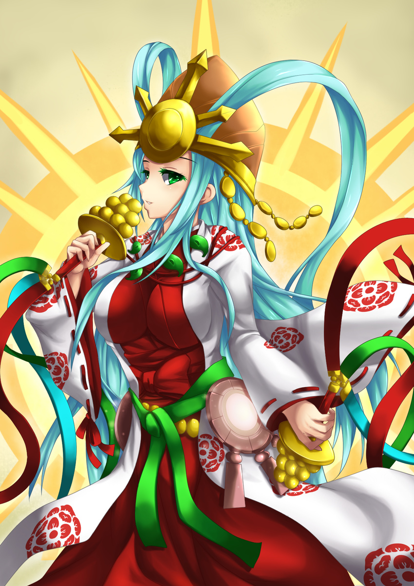 aged_up amaterasu_(p&d) aqua_hair commentary_request female fi-san green_eyes hat highres long_hair puzzle_&_dragons solo