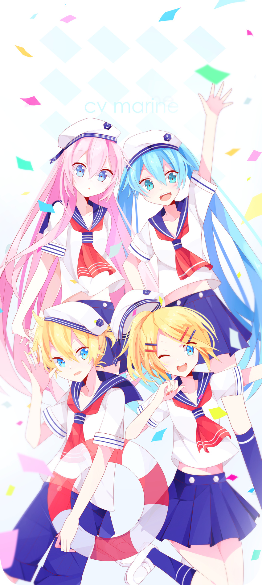 1boy 3girls absurdres aqua_eyes blonde_hair blue_eyes blue_hair commentary_request hair_ornament hairclip hat hatsune_miku highres innertube kagamine_len kagamine_rin long_hair megurine_luka midriff multiple_girls one_eye_closed open_mouth outstretched_arm pink_hair sailor_hat school_uniform serafuku short_hair shorts skirt socks swim_ring twintails very_long_hair vocaloid yui_(22)