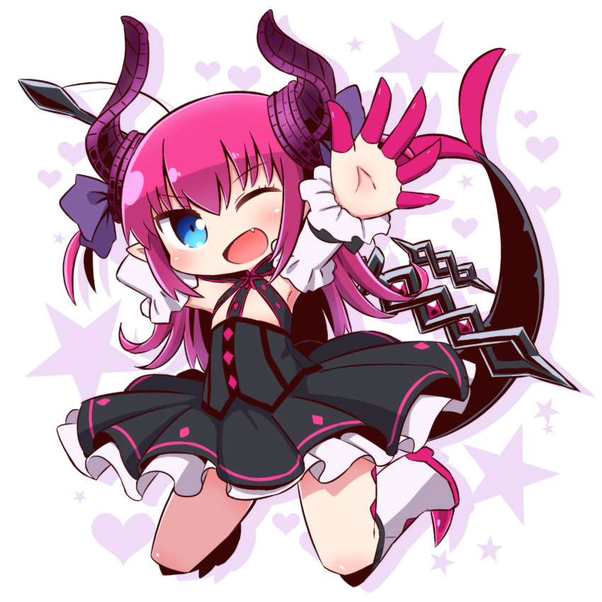 ;d asymmetrical_horns black_dress blue_eyes blush boots chibi commentary_request curled_horns detached_sleeves dragon_girl dragon_horns dragon_tail dress elizabeth_bathory_(fate) elizabeth_bathory_(fate/extra_ccc) elizabeth_bathory_(first_ascension)_(fate) fate/extra fate/extra_ccc fate_(series) female full_body hair_between_eyes hair_ribbon head_tilt heart highres horns knee_boots long_hair long_sleeves looking_at_viewer naga_u oerba_yun_fang one_eye_closed open_mouth outstretched_arm pointy_ears purple_ribbon ribbon sarkany_csont_landzsa shadow smile solo spiked_boots spiked_footwear spikes star_(symbol) tail tail_raised two_side_up uneven_horns very_long_hair white_background white_footwear