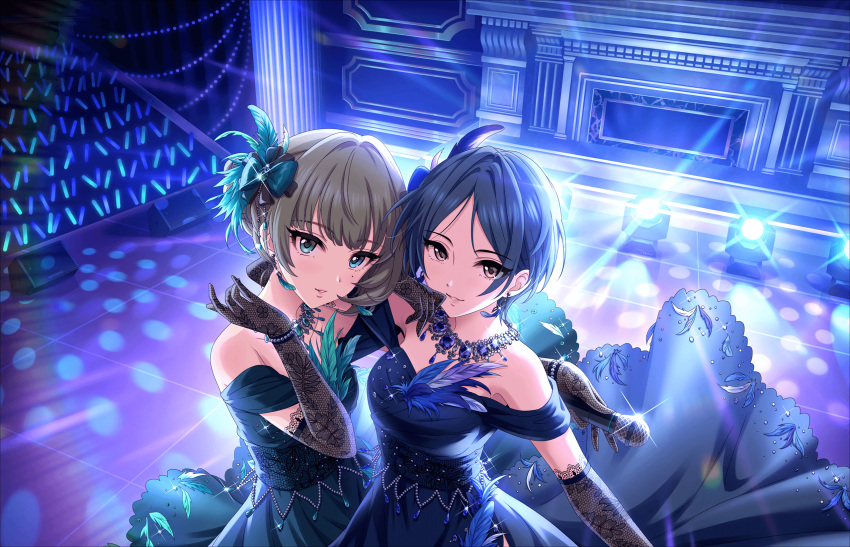 2girls artist_request bare_shoulders blue_dress blue_hair bow bracelet breasts brown_eyes brown_hair cleavage collarbone dress earrings elbow_gloves feathers gem gloves green_dress green_eyes green_gemstone grin hair_ornament hairbow hayami_kanade highres holding holding_microphone idol idolmaster idolmaster_cinderella_girls idolmaster_cinderella_girls_starlight_stage jewelry lace light_smile lights looking_at_viewer medium_breasts microphone mole mole_under_eye multiple_girls mysterious_eyes_(idolmaster) official_art parted_bangs pretty_liar_(idolmaster) short_hair sleeveless sleeveless_dress smile stage takagaki_kaede tied_hair