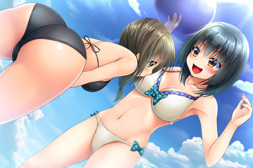 2girls :d arms_up ass backlighting bad_id bad_tumblr_id ball beachball bent_over bikini black_bikini black_hair blue_sky blush bow bow_bikini breasts brown_eyes brown_hair cleavage cloud cloudy_sky commentary_request day dutch_angle hair_over_shoulder hair_tie holding long_hair looking_at_another medium_breasts multiple_girls navel noshimasa open_mouth original outdoors short_hair sky smile standing sunlight swimsuit thighs twintails white_bikini