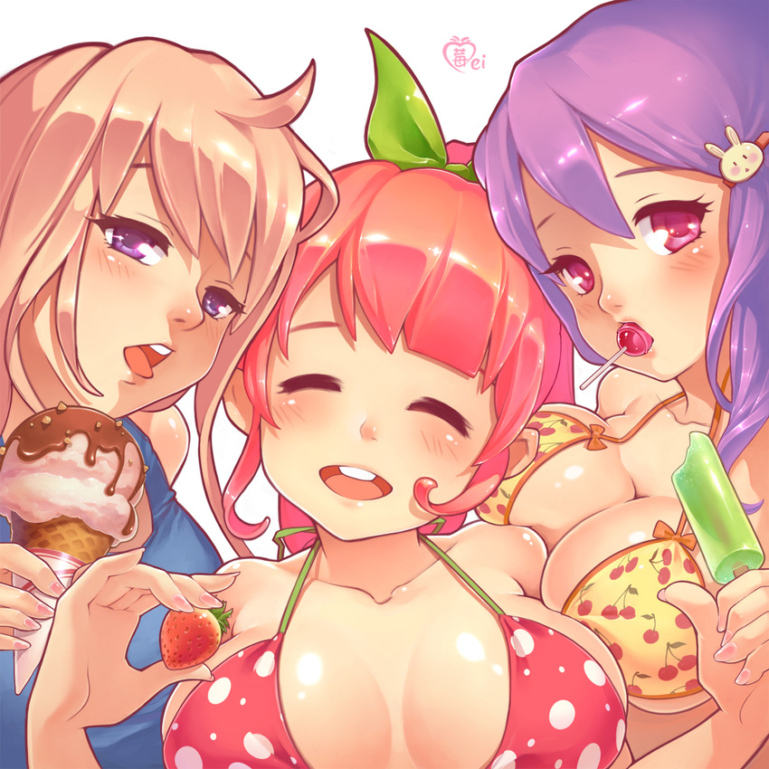 3girls ahoge bikini blush breast_press breasts brown_hair candy cleavage closed_eyes commentary_request food fruit hair_ornament hair_ribbon hairpin highres ice_cream ice_cream_cone large_breasts lollipop mei_(ohayou_girls) mouth_hold multiple_girls nail_polish ohayou_girls open_mouth orange_hair original photoshop_(medium) popsicle purple_eyes purple_hair red_eyes ribbon sexually_suggestive sidelocks signature smile strawberry swimsuit tongue tongue_out