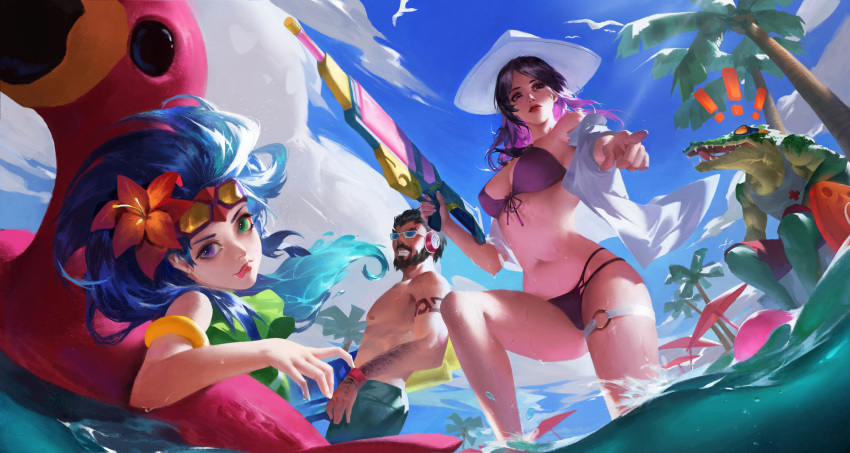 2girls :p armband ball beachball beard bikini bird blue_hair blue_sky breasts brown_hair caitlyn_(league_of_legends) chest cleavage commentary day facial_hair flamingo flower green_eyes green_swimsuit hair_flower hair_ornament hat headphones heterochromia highres lao_wang league_of_legends malcolm_graves male_swimwear moustache multiple_boys multiple_girls navel open_clothes outdoors partially_submerged pointing pointing_at_viewer pool pool_party_caitlyn pool_party_graves pool_party_renekton pool_party_zoe poolside purple_eyes purple_hair renekton sharp_teeth shirtless sitting sky sunglasses swim_trunks swimsuit swimwear tank_top teeth tongue tongue_out tree water water_gun zoe_(league_of_legends)