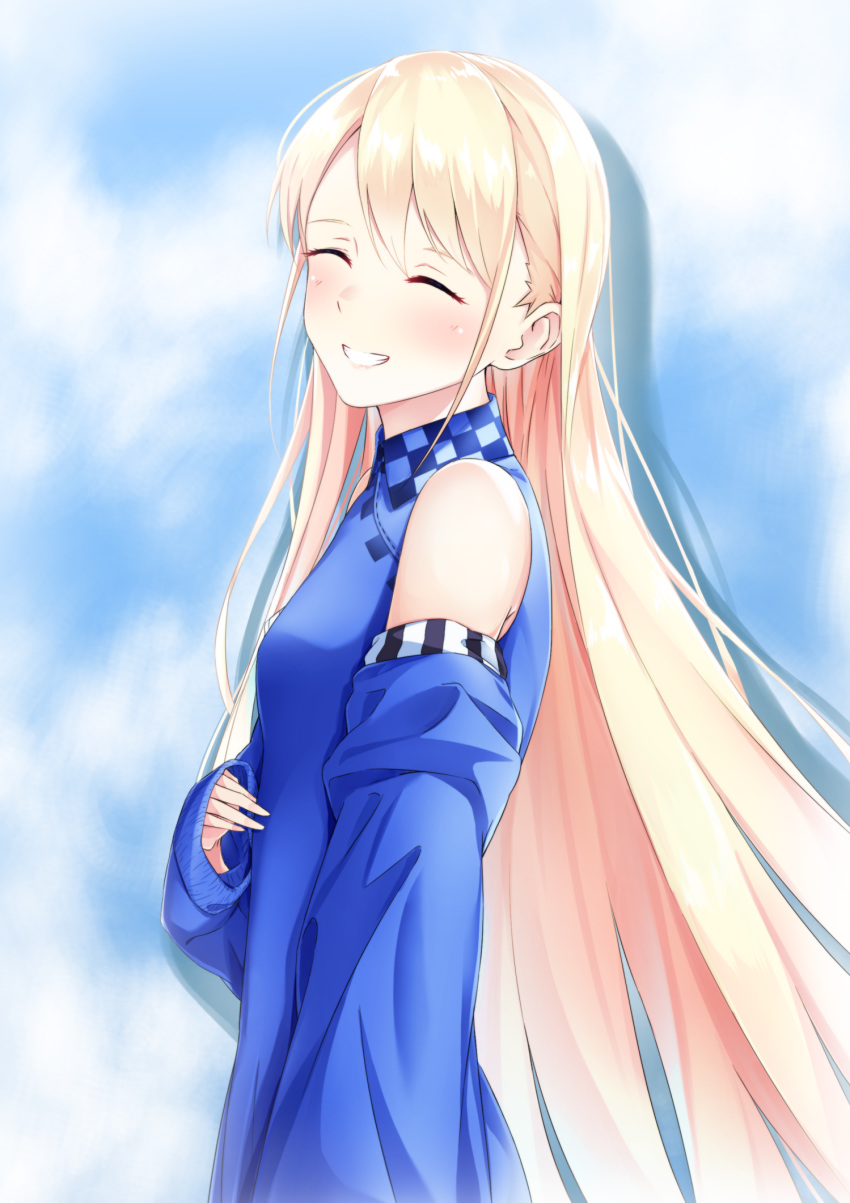 blonde_hair blue_background blue_dress blush chiyuki_fujito closed_eyes commentary_request detached_sleeves dress facing_viewer female highres long_sleeves parted_lips runway_de_waratte smile solo upper_body yumemo