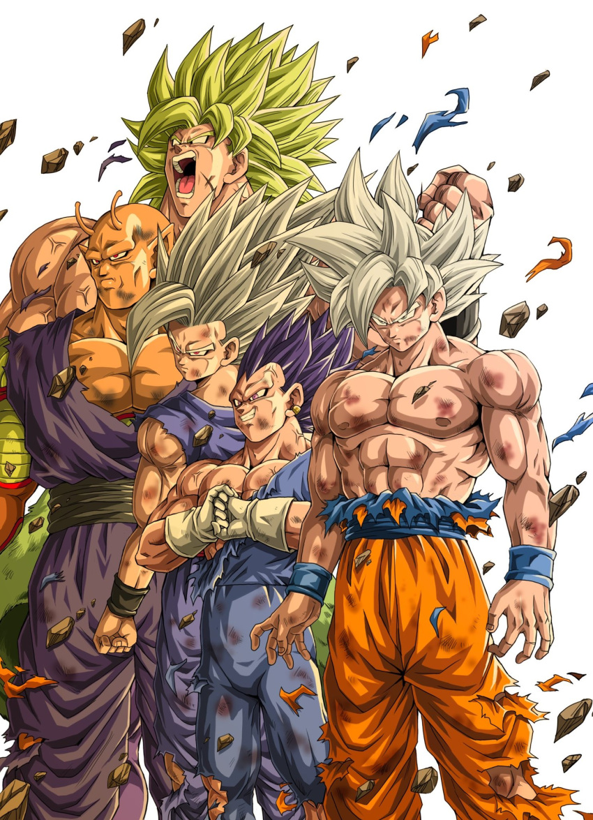 5boys abs angry antennae bad_id bad_twitter_id biceps black_wristband blank_eyes blue_wristband broly_(dragon_ball_super) clenched_hand closed_mouth colored_skin commentary_request debris dougi dragon_ball dragon_ball_super dragon_ball_super_broly dragon_ball_super_super_hero earrings fist_in_hand frown gloves gohan_beast green_hair grey_eyes grey_hair grey_sash grin hand_up hands_up highres jewelry legendary_super_saiyan male_focus multiple_boys muscular muscular_male namekian no_eyebrows open_mouth orange_piccolo orange_skin pectorals piccolo pointy_ears purple_eyes purple_hair red_eyes rock sash scar scar_on_cheek scar_on_face scratches serious simple_background smile son_gohan son_goku spiked_hair standing super_saiyan teeth tongue topless_male torn_clothes ultra_ego_(dragon_ball) ultra_instinct v-shaped_eyebrows vegeta veins white_background white_gloves wristband youngjijii