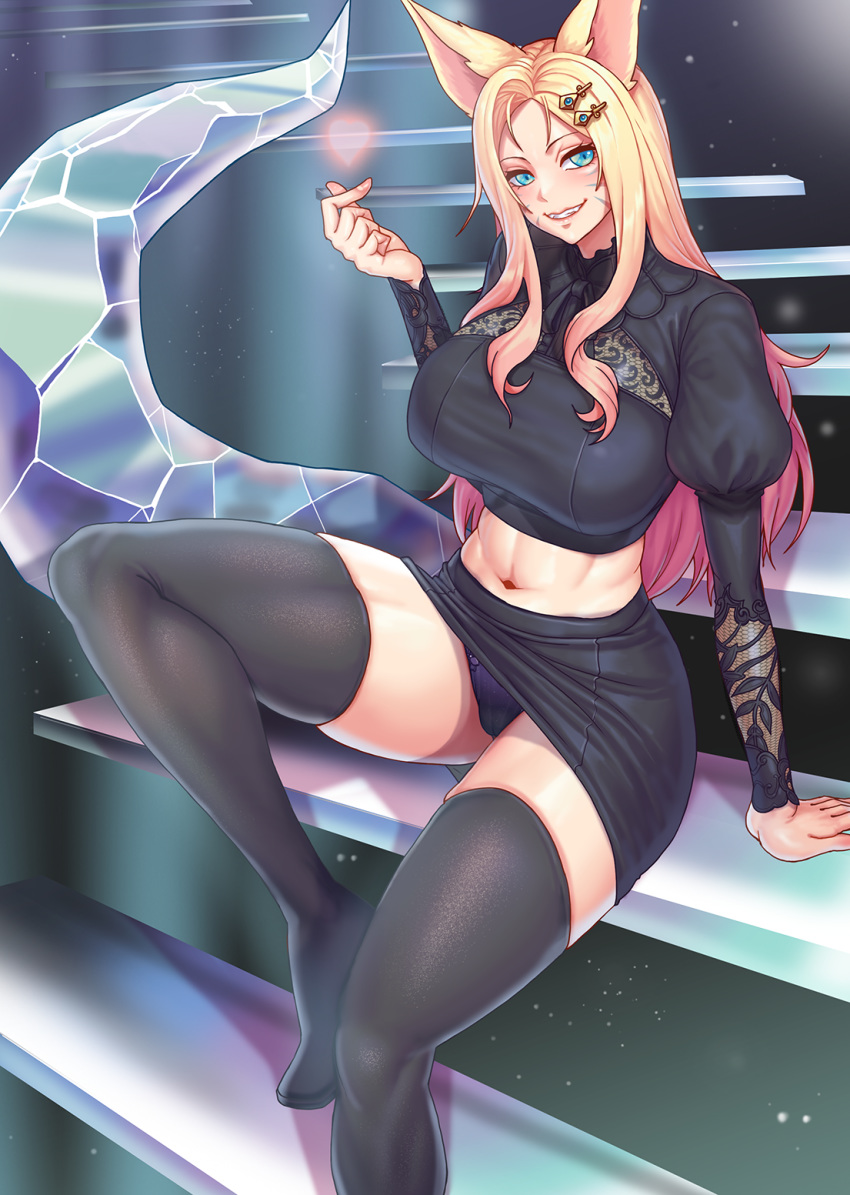 abs ahri_(league_of_legends) animal_ears aqua_eyes arm_support black_footwear black_panties black_shirt black_skirt blush boots breasts commentary crop_top facial_mark female finger_heart fox_ears fox_tail gesture gonster gradient_hair grin groin hair_ornament hairclip heart highres juliet_sleeves k/da_(league_of_legends) k/da_ahri large_breasts league_of_legends long_hair long_sleeves looking_at_viewer midriff miniskirt multicolored_hair navel panties pantyshot parted_bangs puffy_sleeves purple_hair shirt sidelocks sitting skirt smile solo stairs tail thigh_boots thighhighs underwear whisker_markings