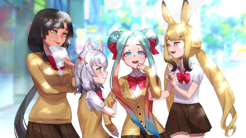 4girls absurdres animal_ears anon_non anon_non_(artist) aqua_eyes aqua_hair black_hair blonde_hair blue_eyes braid braided_bun braided_hair_rings clip_studio_paint_(medium) closed_eyes dark_skin fish_girl gradient_hair grey_hair hair_bun hair_ornament hairclip height_difference highres kamizuki_naki monster_girl multicolored_hair multiple_girls nagare_sara notched_ear painting_(action) prism_project rabbit_ears rabbit_girl school_uniform streaked_hair ushio_sumi virtual_youtuber wolf_ears wolf_girl