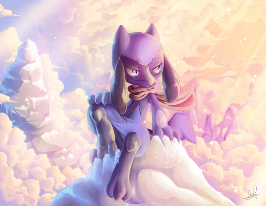 blue_eyes blue_sky cloud cloudy_sky commentary_request day full_body furry lanmana looking_away looking_to_the_side mountain photoshop_(medium) pokemon pokemon_(creature) riolu sitting sky solo