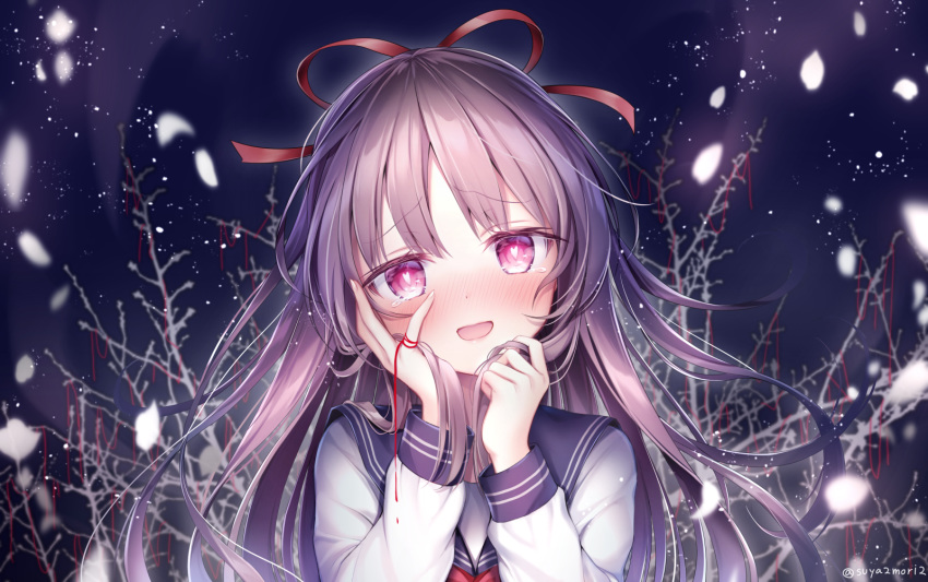 bad_id bad_pixiv_id bare_tree blush commentary_request female floating_hair hands_on_own_cheeks hands_on_own_face head_tilt heart heart-shaped_pupils highres holding holding_own_hair long_hair looking_at_viewer night open_mouth original outdoors purple_hair sidelocks smile snowing solo string string_of_fate suyamori symbol-shaped_pupils tree twitter_username upper_body