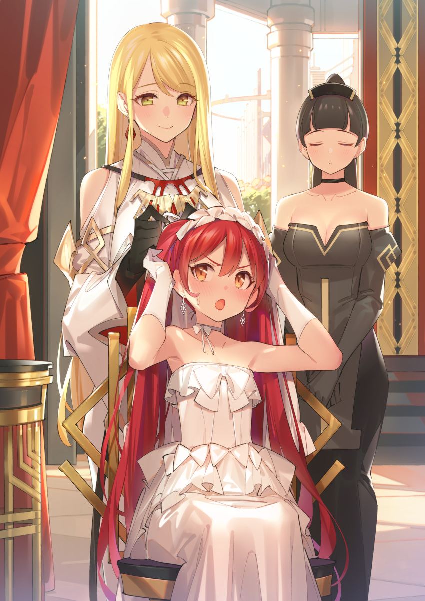 3girls :o absurdres arms_up black_hair blonde_hair breasts chair character_request choker cleavage closed_eyes closed_mouth dress earrings flat_chest freya_(n-innocence) frilled_hairband frills gloves green_eyes hair_between_eyes hairband hands_up highres jewelry long_hair medium_breasts multiple_girls n-innocence on_chair open_mouth orange_eyes pillar popqn red_hair ribbon_choker sitting smile standing strapless strapless_dress sunlight sweatdrop thor_(n-innocence) v-shaped_eyebrows wedding_dress white_gloves