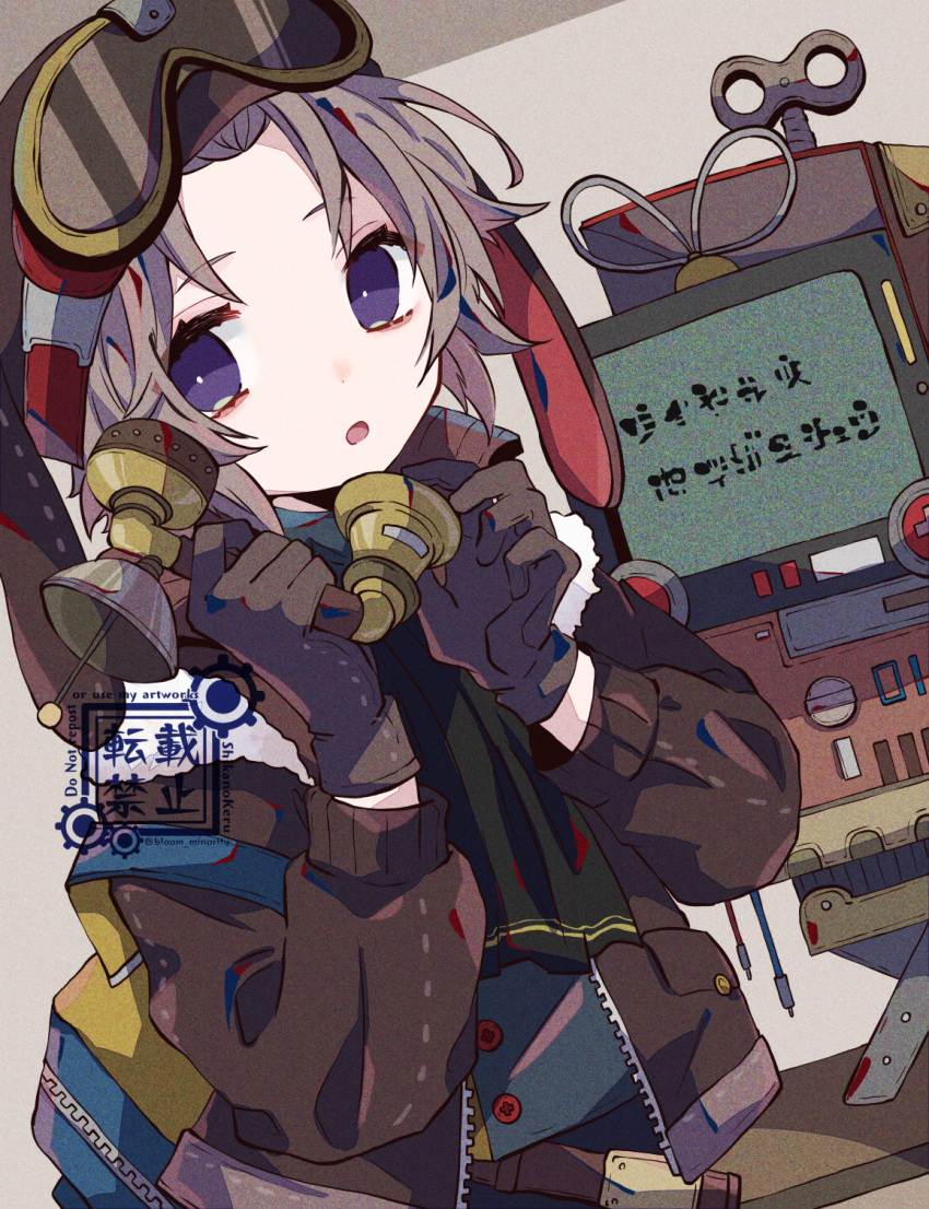 1boy animal_ears animal_hat bad_id bad_pixiv_id bloomminority brown_hair fantasy gloves hat highres long_sleeves looking_at_viewer male_focus original pale_skin phone purple_eyes rabbit_boy rabbit_ears rabbit_hat solo steampunk television