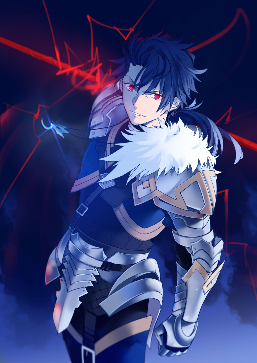 1boy absurdres aokiku armor bangs belt blue_background blue_bodysuit blue_hair bodysuit cu_chulainn_(fate)_(all) cu_chulainn_(fate/prototype) fate/grand_order fate/prototype fate_(series) gae_bolg_(fate) hair_between_eyes highres holding holding_lance holding_polearm holding_weapon lance long_hair looking_at_viewer polearm ponytail red_eyes solo weapon