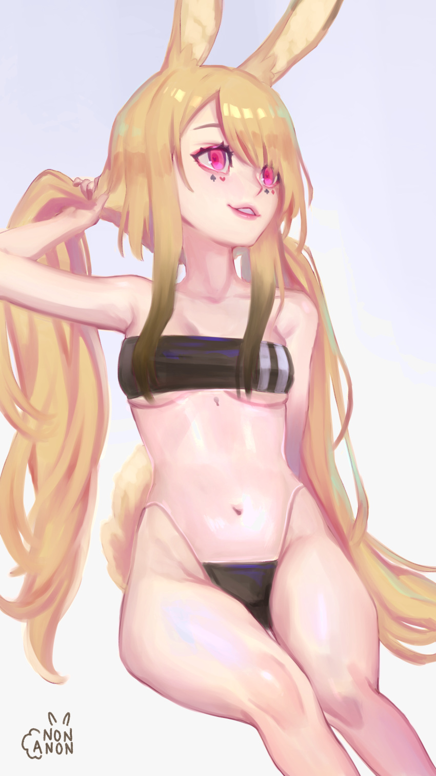 absurdres alternate_costume animal_ear_fluff animal_ears anon_non anon_non_(artist) artist_name bare_shoulders black_hair black_one-piece_swimsuit blonde_hair breasts bunching_hair casual_one-piece_swimsuit clip_studio_paint_(medium) club_(shape) collarbone colored_eyelashes covered_navel diamond_(shape) double_vertical_stripe english_commentary eyebrows_hidden_by_hair facial_mark feet_out_of_frame female gradient_hair grin gris_swimsuit groin hand_up head_tilt heart highleg highleg_swimsuit highres holding holding_own_hair invisible_chair keyhole legs_together long_hair looking_afar looking_to_the_side low_twintails meme_attire multicolored_hair navel one-piece_swimsuit parted_bangs parted_lips pink_eyes pink_lips prism_project rabbit_ears rabbit_tail see-through see-through_one-piece_swimsuit sidelocks simple_background sitting small_breasts smile solo spade_(shape) straight_hair strapless strapless_one-piece_swimsuit swimsuit tail thigh_gap thighs twintails underboob very_long_hair virtual_youtuber white_background