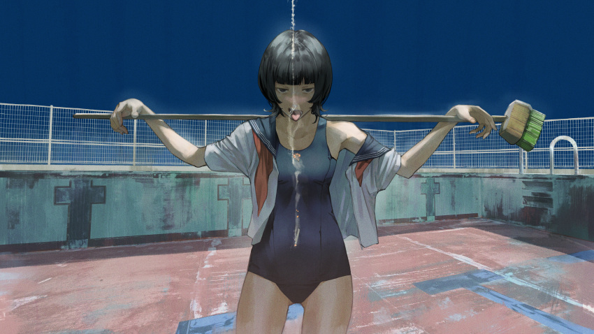 absurdres bare_shoulders black_eyes black_hair blue_one-piece_swimsuit blue_sky blunt_bangs bob_cut breasts broom cigarette cigarette_burn commentary_request female fence highres matsuura_kento off_shoulder old_school_swimsuit one-piece_swimsuit open_clothes open_mouth original outdoors over_shoulder piercing pool school_swimsuit school_uniform serafuku short_hair sky smoke solo swimsuit teeth tongue tongue_out tongue_piercing