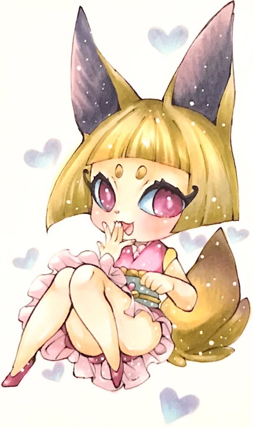 animal_ears blonde_hair blunt_bangs blush bob_cut chibi commentary_request convenient_leg female flat_chest fox_ears fox_girl fox_tail frilled_kimono frills full_body hand_to_own_mouth hands_up happy heart heart_background highres japanese_clothes kimono knees_together_feet_apart knees_up kon-tan legs light_blush looking_at_viewer mofu_(moffuri_sippo) obi open_mouth pink_kimono purple_eyes purple_footwear sash shoes short_hair sidelocks sitting sleeveless sleeveless_kimono smile solo tail thighs traditional_media white_background youkai_(youkai_watch) youkai_watch youkai_watch_3