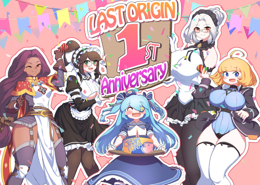 5girls anniversary armor black_legwear blue_hair blush_stickers breasts brown_eyes brown_hair closed_eyes commentary_request confetti constantia_s2 copyright_name dark-skinned_female dark_skin dress english_text flat_chest green_eyes griffon_(last_origin) highres hoyo huge_breasts knight korean_commentary large_breasts last_origin long_hair lrl_(last_origin) maid maid_headdress multiple_girls one_eye_closed open_mouth orange_eyes pantyhose photoshop_(medium) prester_johanna prototype_labiata purple_hair smile thighhighs two_side_up white_legwear