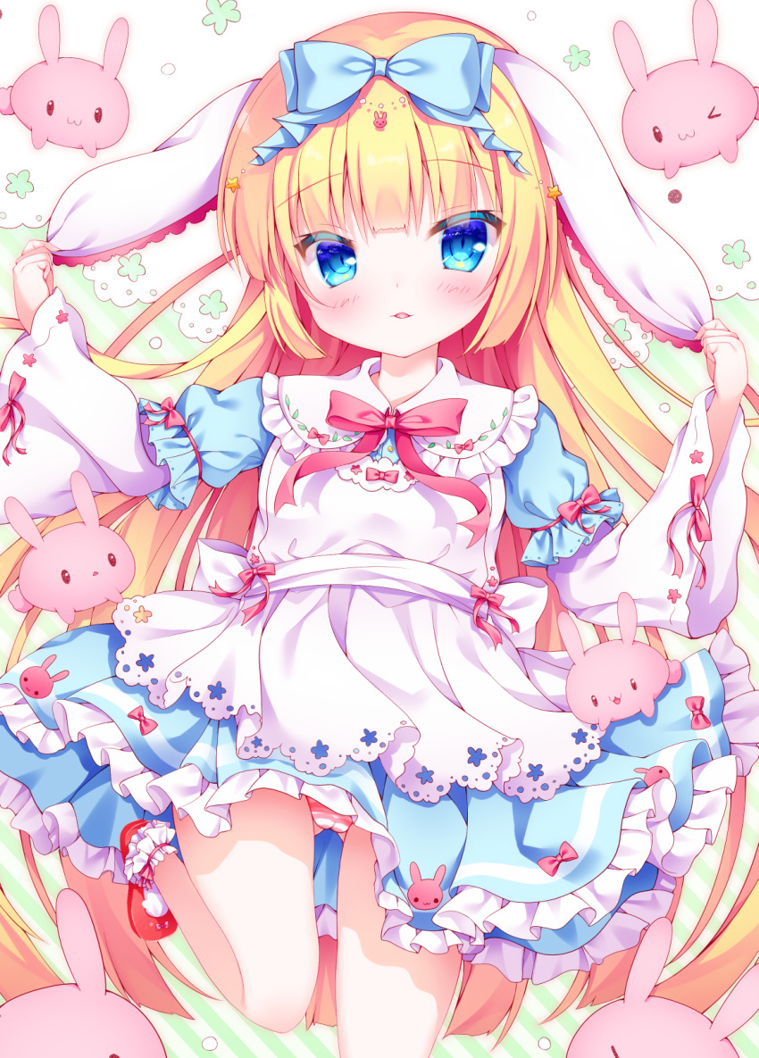 >_o :3 animal animal_ears apron ass_visible_through_thighs blonde_hair blue_bow blue_dress blue_eyes blush bow cameltoe closed_mouth collared_dress commentary_request diagonal_stripes dress female fuxiyu hairbow hand_on_own_ear highres layered_sleeves long_hair long_sleeves one_eye_closed original panties parted_lips pink_bow puffy_short_sleeves puffy_sleeves rabbit rabbit_ears red_footwear shoes short_over_long_sleeves short_sleeves socks solo standing standing_on_one_leg striped_background striped_clothes striped_panties underwear very_long_hair white_apron white_socks wide_sleeves