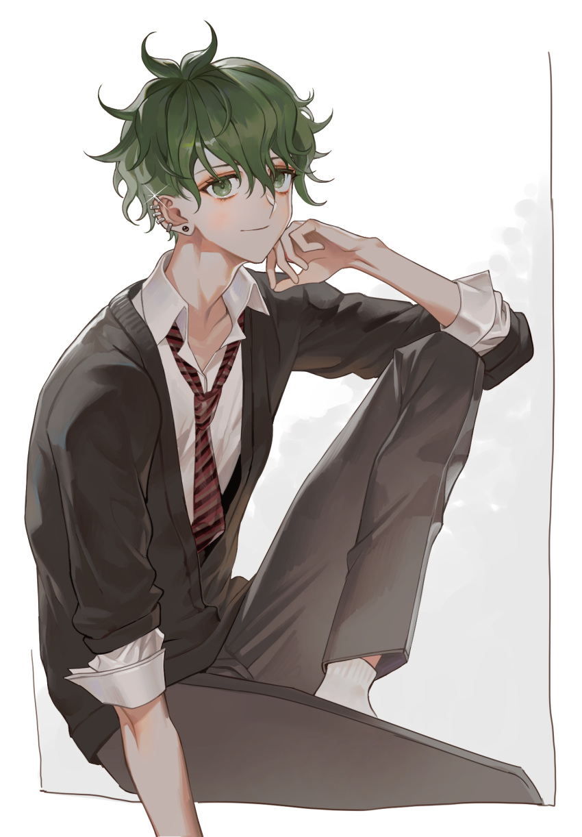 1boy alternate_costume amami_rantaro antenna_hair arm_support brown_pants closed_mouth collarbone collared_shirt commentary danganronpa_(series) danganronpa_v3:_killing_harmony ear_piercing earrings green_eyes green_hair highres jewelry knee_up long_sleeves looking_at_viewer loose_necktie male_focus messy_hair migumi necktie pants piercing red_necktie school_uniform shirt short_hair sitting sleeves_rolled_up smile solo striped_clothes striped_necktie striped_shirt white_shirt