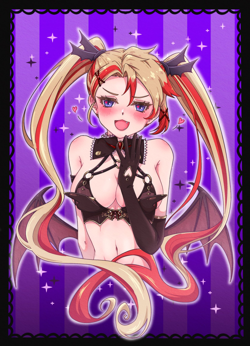 axel_syrios black_bra blonde_hair blue_eyes blush bra breasts cleavage commentary cosplay demon_wings detached_collar e1ctricee1s elbow_gloves english_commentary female genderswap_(mtf) gloves heart heart_in_eye highres holostars holostars_english lovelia lovelia_(cosplay) low_wings multicolored_hair navel oerba_yun_fang red_hair rule_63 solo streaked_hair striped striped_background symbol_in_eye troubledays twintails underwear virtual_youtuber wings