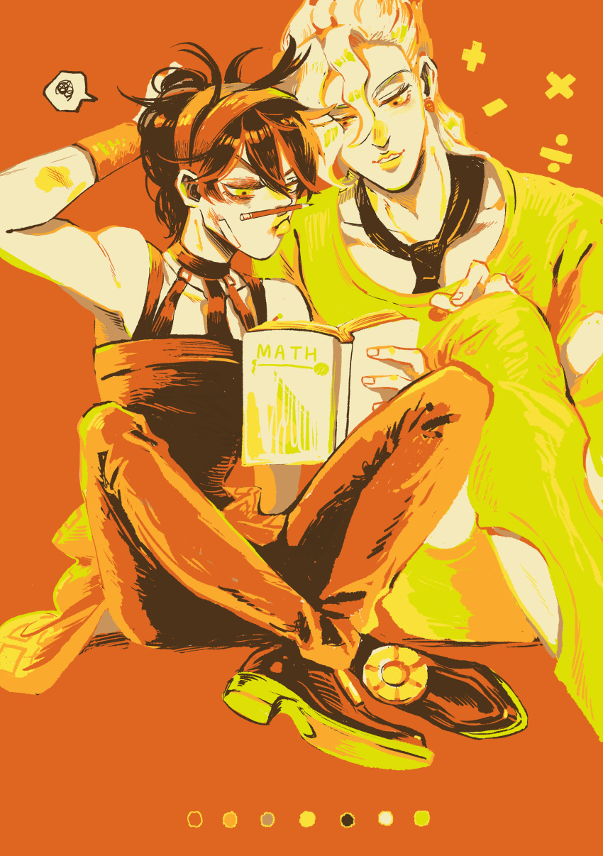 2boys absurdres book clothing_cutout hairband highres jojo_no_kimyou_na_bouken limited_palette lipstick makeup male_focus messy_hair mogy88428 multiple_boys narancia_ghirga necktie pannacotta_fugo reading sitting spoken_squiggle squiggle vento_aureo wristband