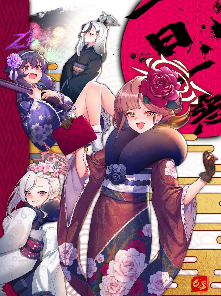 4girls :d absurdres aru_(blue_archive) aru_(new_year)_(blue_archive) bag black_hair black_kimono blue_archive blush brown_eyes brown_gloves commentary_request demon_horns egasumi floral_print fp6 frilled_sleeves frills fur_trim gloves grey_hair grin gun hair_between_eyes hair_ornament hairclip halo handbag haruka_(blue_archive) haruka_(new_year)_(blue_archive) highres holding holding_bag holding_gun holding_weapon horns japanese_clothes kayoko_(blue_archive) kayoko_(new_year)_(blue_archive) kimono long_hair long_sleeves manic_shd multicolored_hair multiple_girls mutsuki_(blue_archive) mutsuki_(new_year)_(blue_archive) obi official_alternate_costume open_mouth pink_hair pointy_ears print_kimono problem_solver_68_(blue_archive) purple_eyes purple_hair purple_kimono red_eyes red_kimono sash short_hair shotgun sleeves_past_fingers sleeves_past_wrists smile streaked_hair weapon white_hair white_kimono