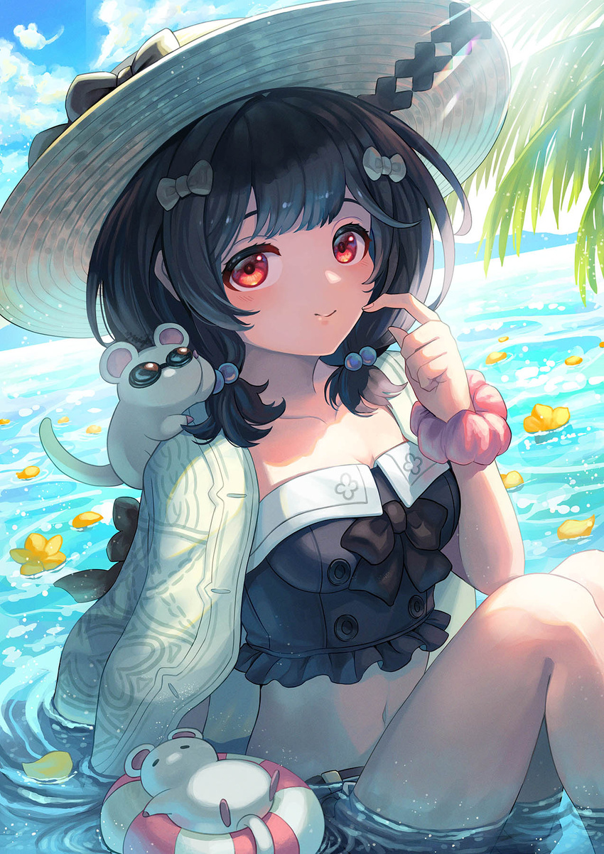 black_shirt blush bow breasts cleavage closed_mouth cloud collarbone crop_top day female granblue_fantasy hairbow hat highres jacket jacket_on_shoulders looking_at_viewer medium_hair mouse_(animal) navel outdoors partially_submerged red_eyes scrunchie shirt sitting small_breasts smile solo strapless strapless_shirt sun_hat vikala_(granblue_fantasy) water white_hat white_jacket wrist_scrunchie yuiko_(yuiyuiko_108)