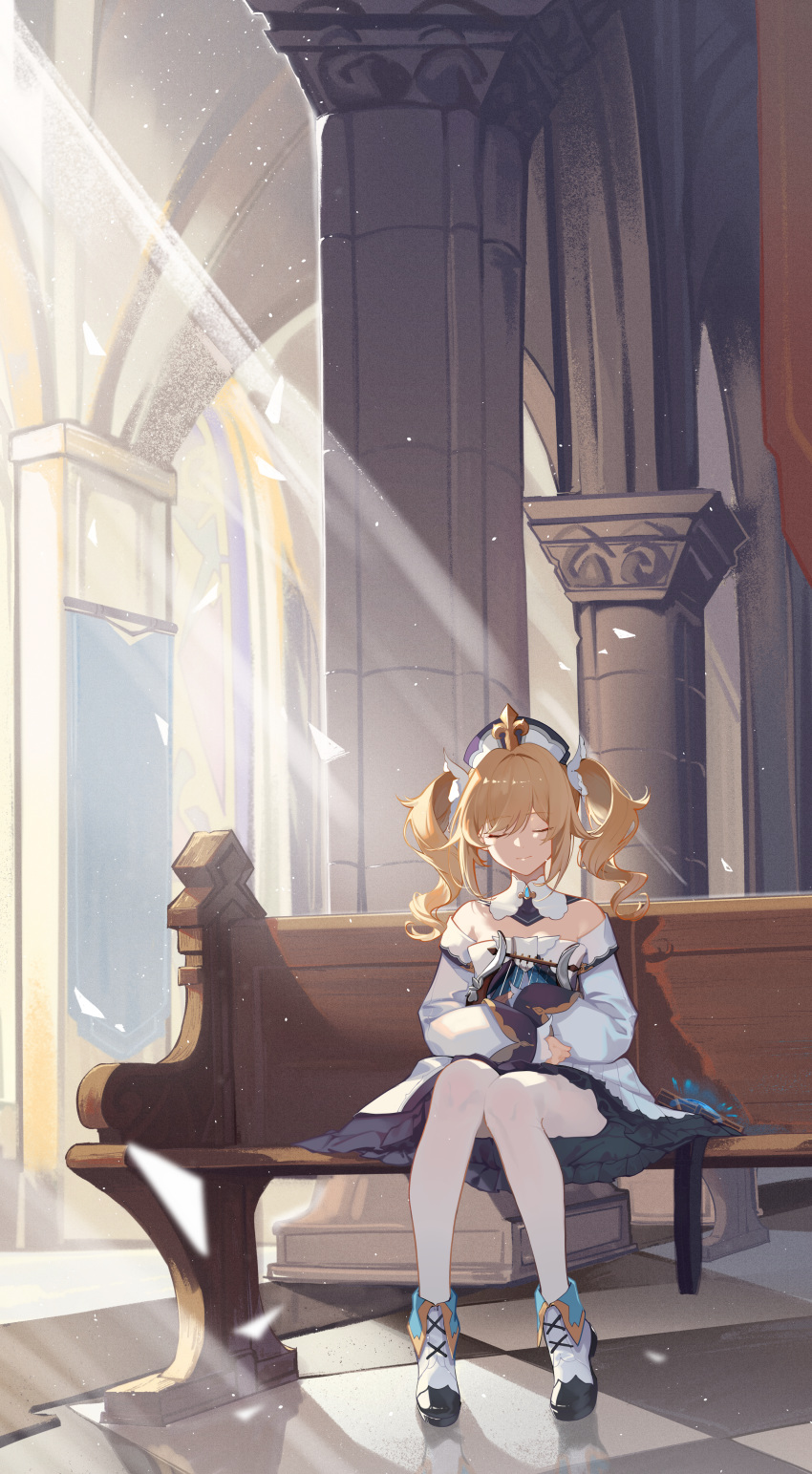 absurdres barbara_(genshin_impact) bench blue_eyes church closed_eyes dress female frilled_dress frills full_body genshin_impact harp high_heels highres hug indoors instrument light_rays pantyhose shijiuqaq sitting smile solo twintails vision_(genshin_impact) white_dress white_pantyhose