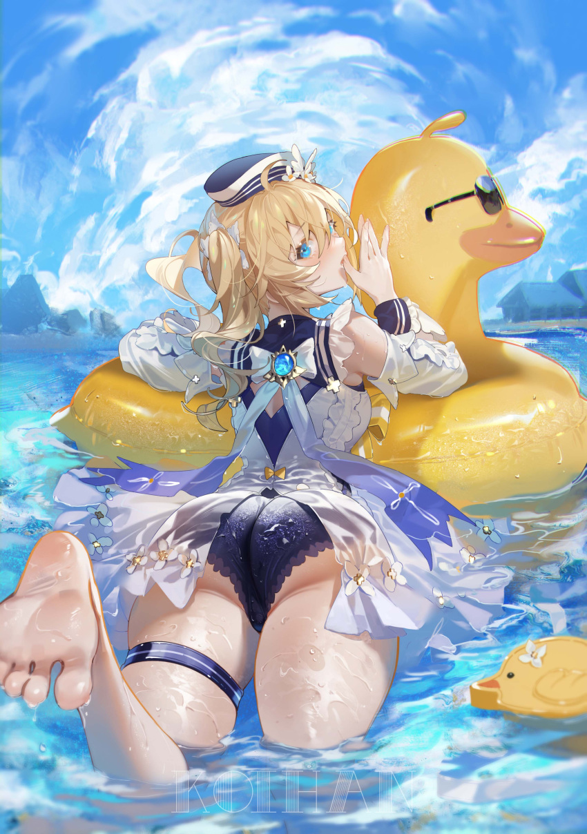 absurdres artist_name ass barbara_(genshin_impact) barbara_(summertime_sparkle)_(genshin_impact) barefoot blonde_hair blue_eyes blue_one-piece_swimsuit blue_sky casual_one-piece_swimsuit chinese_commentary cloud commentary day detached_sleeves feet feet_up female flower from_behind genshin_impact hair_between_eyes hair_flower hair_ornament hand_up hat highres inflatable_duck inflatable_toy koi_han long_hair long_sleeves looking_at_viewer looking_back ocean official_alternate_costume one-piece_swimsuit open_mouth outdoors sailor_hat shirt sky soles solo swimsuit swimsuit_under_clothes thigh_strap thighs toes twintails vision_(genshin_impact) water white_flower white_hat white_shirt