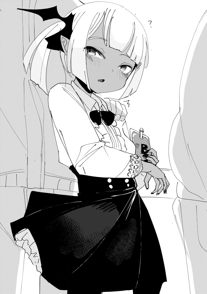 ? ^^^ absurdres bad_id bad_twitter_id blood blood_bag blush collared_shirt commentary_request dark_skin female greyscale hair_ornament hand_on_another's_shoulder highres holding jacket long_sleeves monochrome nail_polish original pants parted_lips pleated_skirt shirt side_ponytail simple_background skirt solo_focus surio white_background