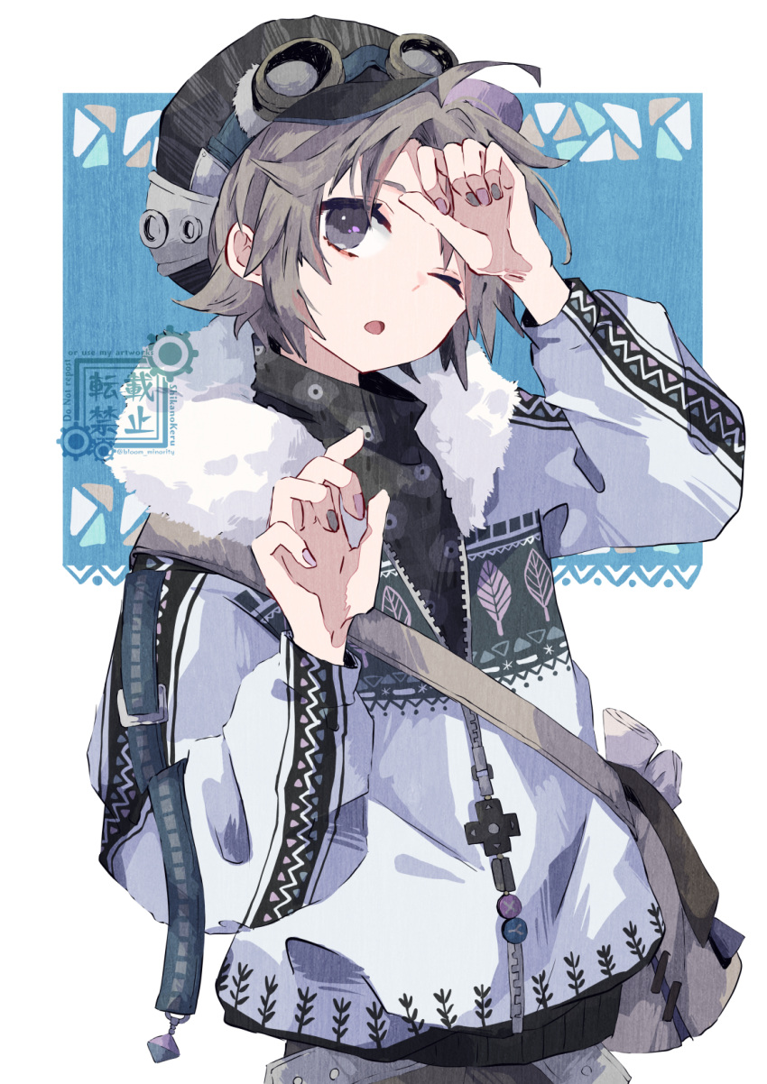 1boy bad_id bad_pixiv_id bloomminority brown_hair fantasy goggles goggles_on_head hat highres long_sleeves male_focus nail_polish one_eye_closed original pale_skin purple_eyes solo steampunk